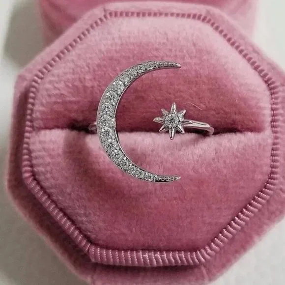 NEW MOON STAR 925 STERLING SILVER DIAMOND ADJUSTABLE RING, CUTE RING, SHINY RING - Picture 5 of 6